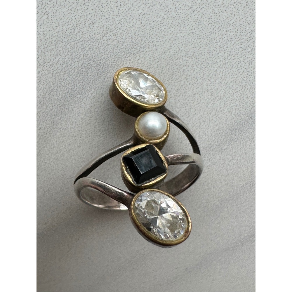 925 Sterling Silver Multi Stone Bypass Ring Pearl Onyx Crystal Size 7.25 Artisan